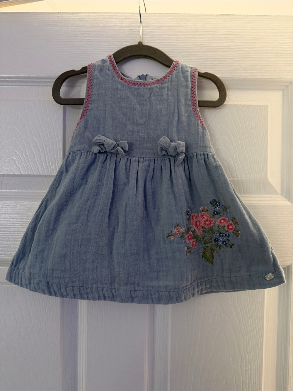 Tartine et Chocolat Blue Dress with Pink Trim and Floral Embroidery